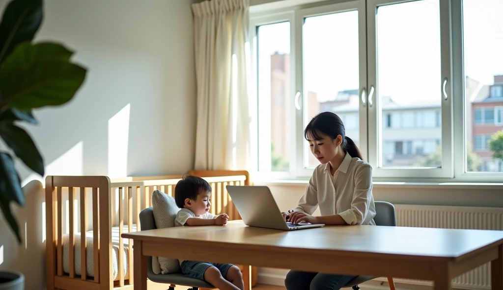 A boy sitting on a chair and playing computer, seen from behind