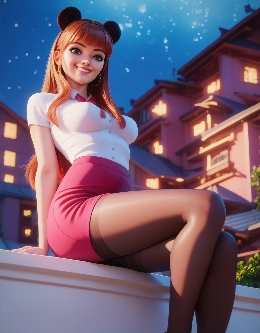 (masterpiece), best quality, expressive eyes, perfect face, (city background), (posing), (smirk), (closeup view), (1girl, age 18+, Belle Delphine, fair skin, red hair, long hair with bangs and big red bow, ponytail hairstyle, red eyes, hourglass figure, thin body, skinny body, petite_body, small breasts, wide hips, thick thighs), (pink_red minidress, sleeveless, strapless, black waist belt, white stockings),