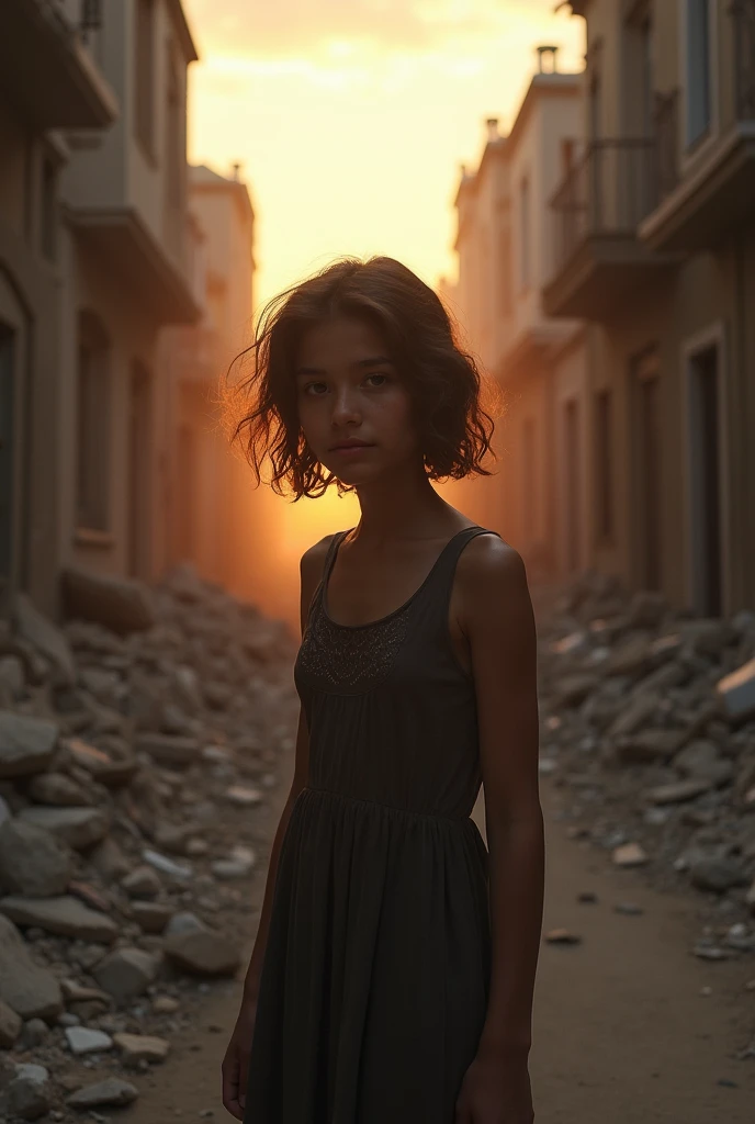 In the foreground, there's a young girl, standing on a dusty, rubble-strewn street in front of the remnants of a once-vibrant Palestinian town. The girl has a solemn expression on her face, her eyes reflecting a mixture of sadness, resilience, and hope. She wears a tattered dress, and her hand clutches a faded Palestinian flag. Behind her, the town is in ruins, with damaged buildings, broken windows, and a sky filled with clouds, symbolizing the enduring struggle for peace and the resilience of the people in the face of adversity.