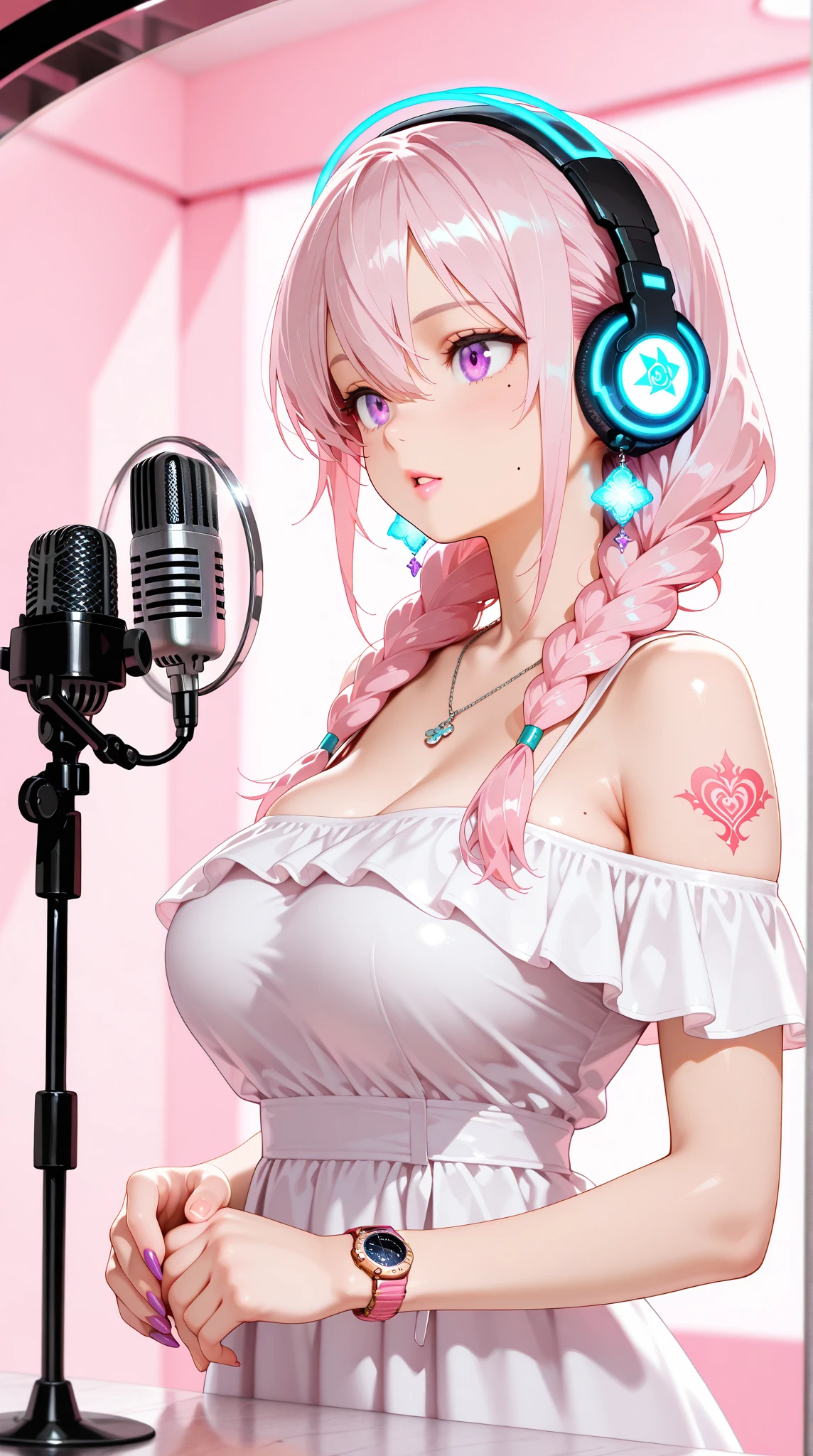 (masterpiece), (top-quality), (The ultra-detailed), (full body Esbian:1.2), {low angles}, simple background, 1 girl in, solo, The upper part of the body, long curly hair, Songsuits, Pompadour skirt, Slim and beautiful vest, Lace Shirt, Bubble Sleeve, pasties, bow ribbon, Plaid, Purple hair, headphones, long, Standing microphone, (beautifull detailed face), (beatiful detailed eyes), {{Lift the skirt yourself}}, {{{crisp lace panties}}}, {{{Panties look good}}}, {{Sheer panties}}, {{{Pants that dig into the crotch}}}, {{{Distinctオマンコ}}}, cameltoe, {{オマンコI can see it}}