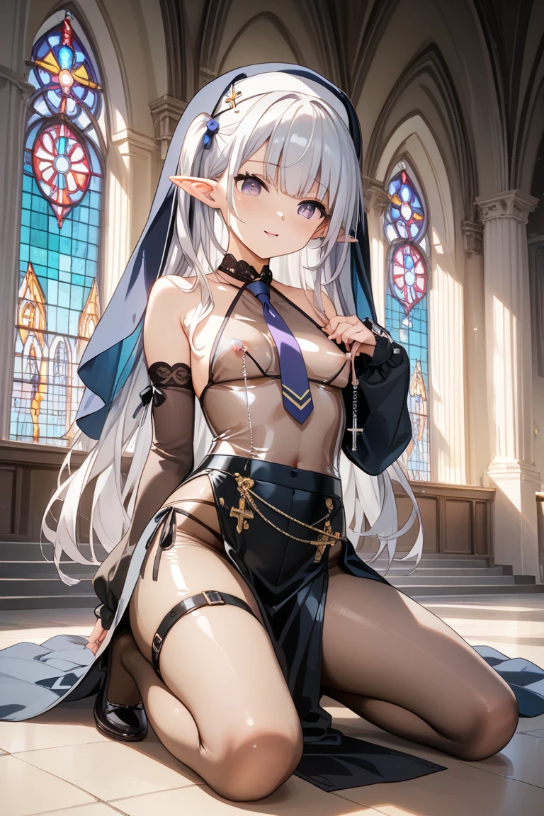 topless, nipple piercing, exposed breasts, masterpiece, best quality, white hair, half opened eyes, light blue eyes, close-up, praying, smile, small breasts, thongs, stained glass, altar, bokeh, church interior, sleeveless, navel, full bangs, choker, thighs, sparkling, pool, black sarong, belly dancer clothes, gold headdress, veil, harem outfit, mouth veil, 1 side braid, nun veil, night, gold armband, black gloves, gold thigh strap, bare stomach, red loincloth, kneeling, candles
