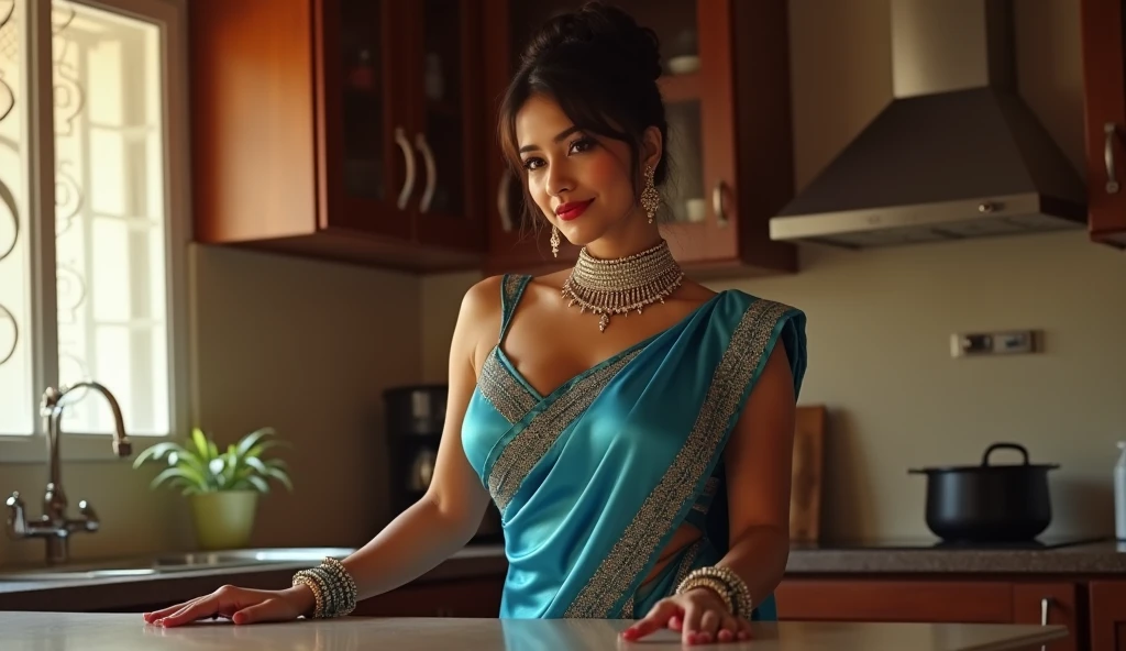Full body, Beauty, posing for a picture, (((wearing a beautiful saree ))), (((((mopping the floor))))),1 girl, a 15-year-old Indian teen, absolute beauty, long hair,  sexy pose, erotic pose, looking at the camera, ultra-realistic, hyper-realistic, ultra-detailed, hyper-detailed, 35mm F/28, hyper-detailed full body shot of a woman, nice face, smiling, sexy body, drooping breasts, aesthetic body, rich colors, face focused, 8K, HD Crisp Upscale, realistic lying, RAW photography, best quality： 1.4, No dark background, Beautiful details eye, cleavage, thick thighs, wide hips, long hair, High-detailed, perfectly located eyes, perfect eyes, photographed on a Canon EOS R5, 50mm lens, F/2.8, HDR, (cinematic lighting), (dramatic lighting), (sharp focus), (intricate), fashion, realistic skin texture, (( perfect anatomy)), ((detailed face:1.2)), ((detailed facial features)), (finely detailed skin), masterpiece), (perfect proportion), (realistic photo), (best quality: 1.6), (detailed),cute smile,hands on own chest ,Saree,girl wearing indian saree,no_bra,Masterpiece,photorealistic,Realism((((indian girl))))