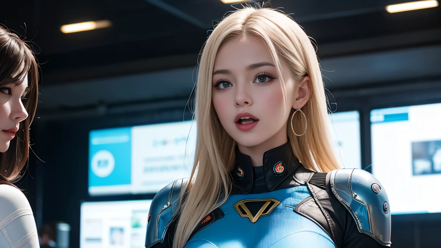 platinum blonde hairの若くて美しい金髪白人美女2人が離れて立つ, young and beautiful 18-year-old sci-fi twins , 2 beautiful Irish women with high noses, 2 beautiful young and beautiful Irish beauties with high noses, cyberpunk 2 women, high neck android suit, young and beautiful 18-year-old Hollywood actress, diverse cyber suits, A clear blue sky during the day, High Neck Style , aristocrat young and beautiful white women in high neck style wear dress type high neck cybersuits, High Neck Style , business style settings, android suit outfit, High Neck Style で, operate a keyboard with LED light、skin with realistic texture、Separate the face、 gorgeous earrings、gorgeous necklace、 Blue Nail Polish 、 opens her mouth and laughs、platinum blonde hair、 Blue Eyes Shining Blue 、Blue Eyes Are Moisturizing、laughs happily、big blue eyes、16k,UHD,High Quality、Business Ads、Advertisement Photography、real photo、The head position is below the center of the screen、the distance between the face、Face height is below the screen