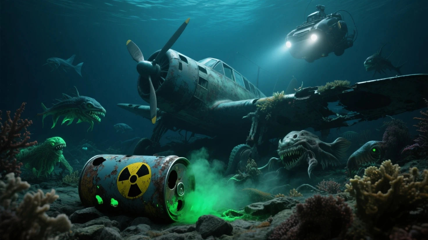  Very high definition professional real photography, very detailed movie scene. Underwater view of a Japanese plane wreck from the Second World War, Nakajima Ki43 Hyabusa, très détériorée par le crash ancien et les décennies sous l'eau, sunk in the Pacific Ocean. The brightness is zero due to the abyssal depth. L'épave en très mauvais état est colonisée par de nombreux coraux et animaux marins mutants bioluminescents. Un bidon de produits radioactif entièrement corrodé gît sur le sol rocheux au premier plan, il est très abîmé et percé mais l'étiquette du symbole radioactif noir sur jaune est encore un peu visible. De ses trous de corrosion du bidon s'échappe un nuage d'encre vert acide qui se dissout rapidement dans l'eau. De nombreuses espèces d'animaux des abysses mutants monstrueux aux allures agressives et fantomatiques nagent tout autour. Malgré leurs mutations, ils conservent un aspect très réaliste. La scène est éclairée uniquement par les phares très puissants d'un véhicule sous-marin d'exploration moderne hightech situé hors-champs, au dessus de l'objectif. This unique light source in black water and the medium focal length give the scene a dramatic theatrical character, disturbing atmosphere, oppressante. Le contraste entre les couleurs vives de la bioluminescence et du liquide radioactif d'une part et les couleurs insaturées et ternes de l'environnement d'autre part est perturbant. 