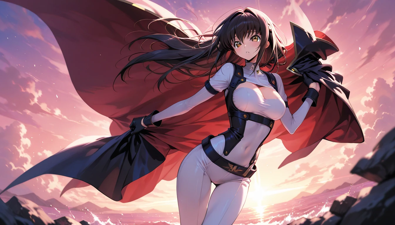 (high quality, 8k, 4K, high contrast, artwork:1.2, high quality, best aesthetics), (centered), ((1 woman)), erotic, sensual, mature body, super detailed, beautiful face detailed, beautiful eyes detailed, detailed beautiful mouth, perfect breats, perfect wide thighs, (black hair), (short black hair), (messy black hair), (red eyes), (red laser light in the eyes), (proud and sadistic expression), (villain), (black and white hero uniform), (white cape), (black and white armor shoulder pads), (standing), (looking at the viewer), (piercing gaze),