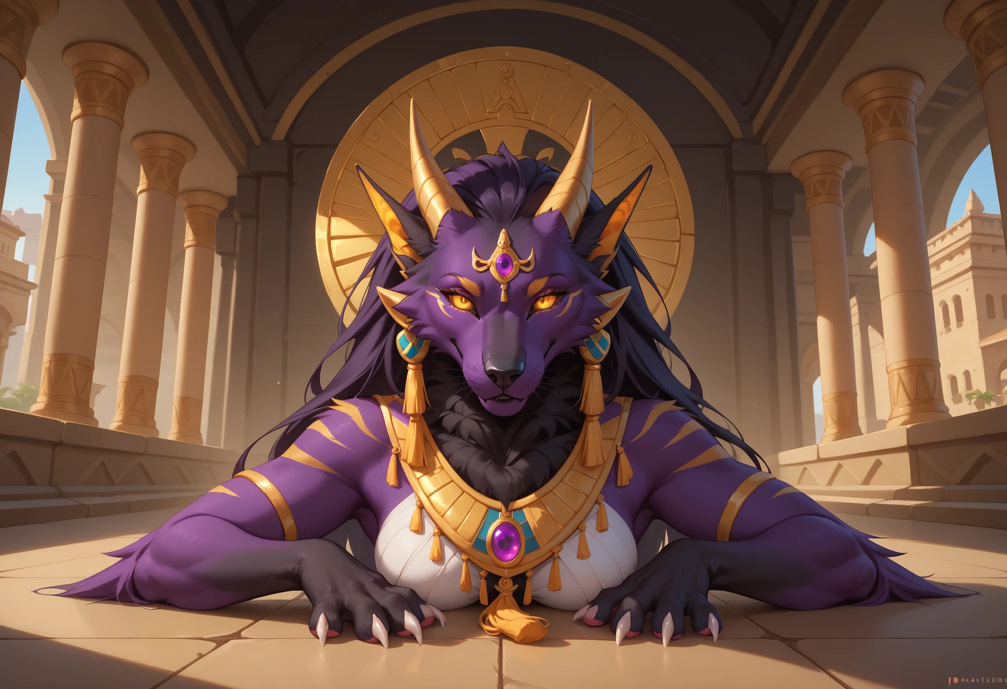 alone, score_9,score_8_up,score_7_up, anthro, female, Eothos, ((front view)), ((looking at viewer)), furred dragon, golden mark on forehead, front half of body black with golden stripes, black muzzle, black long black ears, long straight golden horns, golden glowing eyes without pupils, two purple stripes under eyes, golden eyebrows, back half of body purple, front legs orange, hind legs purple, long white claws on paws, long purple tail with white stripes, white tassel at end of tail,seductive, (((((((white bandages)))))), ((((white lace tights on legs)))), ancient egypt, detailed background