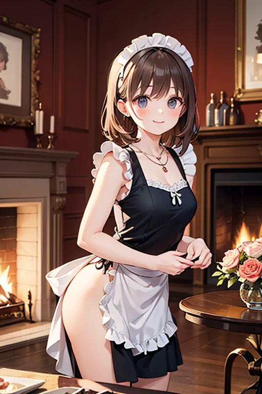 score_9, score_8_up, score_7_up, source_anime, 1girl, dark brown hair, brown eyes, bobcut, hair pin, cat ears, small breasts, eyeglasses, micro bikini maid, headdress, blouse, skirt, apron, areola, cool face, light smile, private room, mansion,