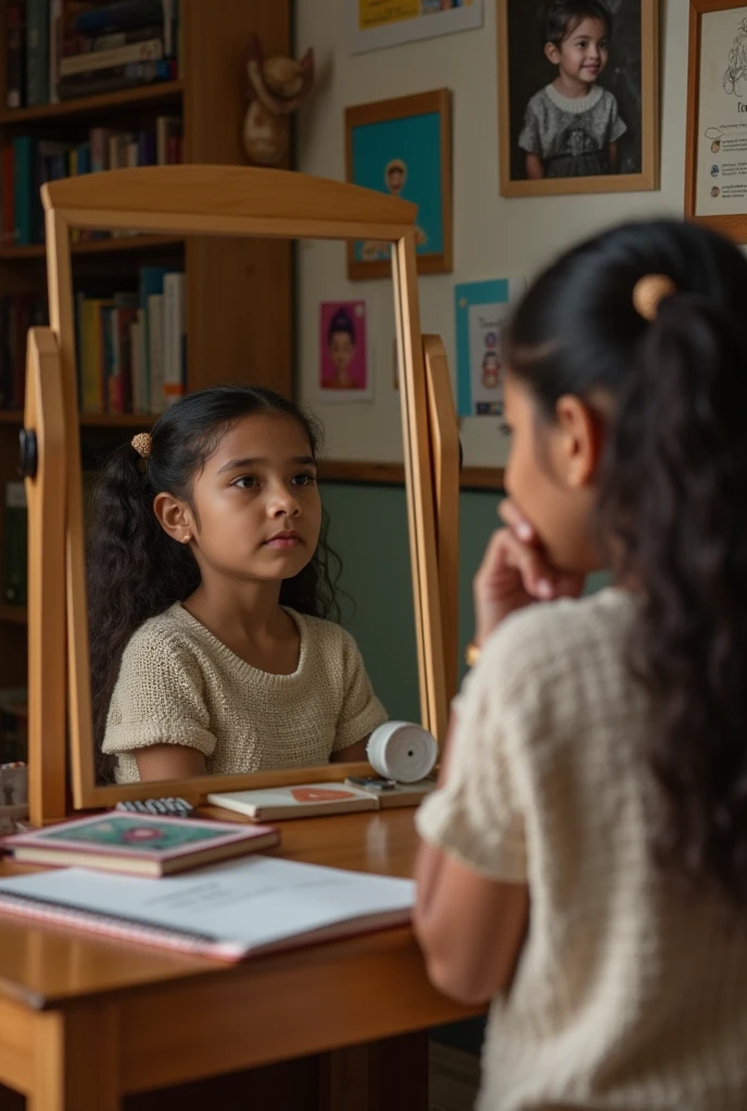 A very poor girl in front of the mirror looks like a scientist 