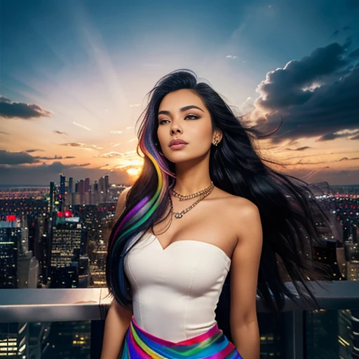 (best quality, masterpiece, colorful, dynamic angle, highest detailed) upper body professional photo, award winning fashion photography of sexy, intense black long hair, bokeh,