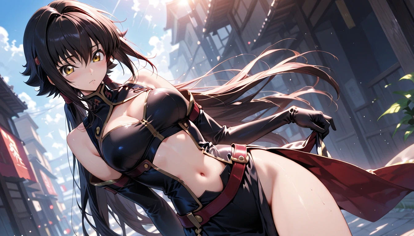 ((highest quality)), ((masterpiece)), (detailed), Perfect Face、((Mizushiro Yukikaze、Taimanin、female、Brown skin、brown hair、Perfect proportions、See-through black pareo、Taimaninスーツ、Devil Leotard Dress))、Dark Room、femaleは１people