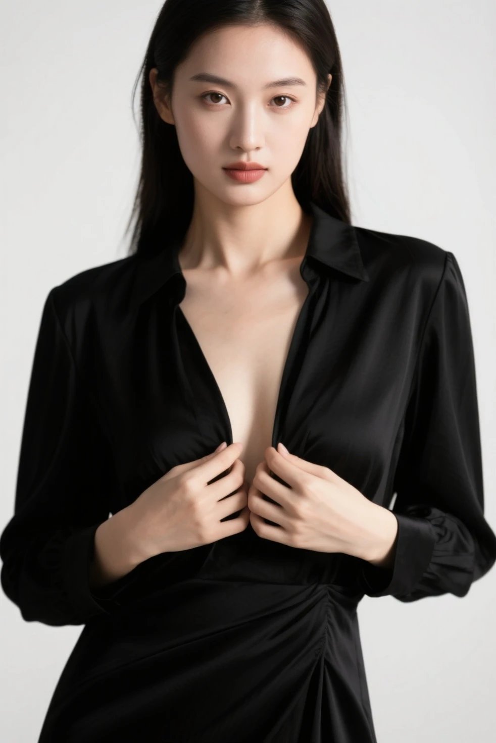 masterpiece,best quality, (one attractive milf), ((portrait:1.5)), makeup, elegant black shirt, touch own chest, ((seduction expression)), opeo mouth:0.2,