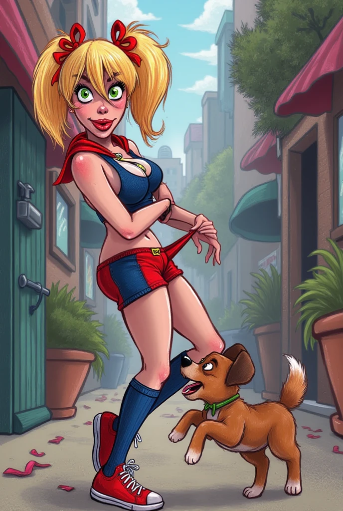 Clover, totally spies, blonde hair, medium hair, blue eyes, skinny, red top, pink skirt, bare shoulders, doggystyle position sex, fat man, alley, boots, heels