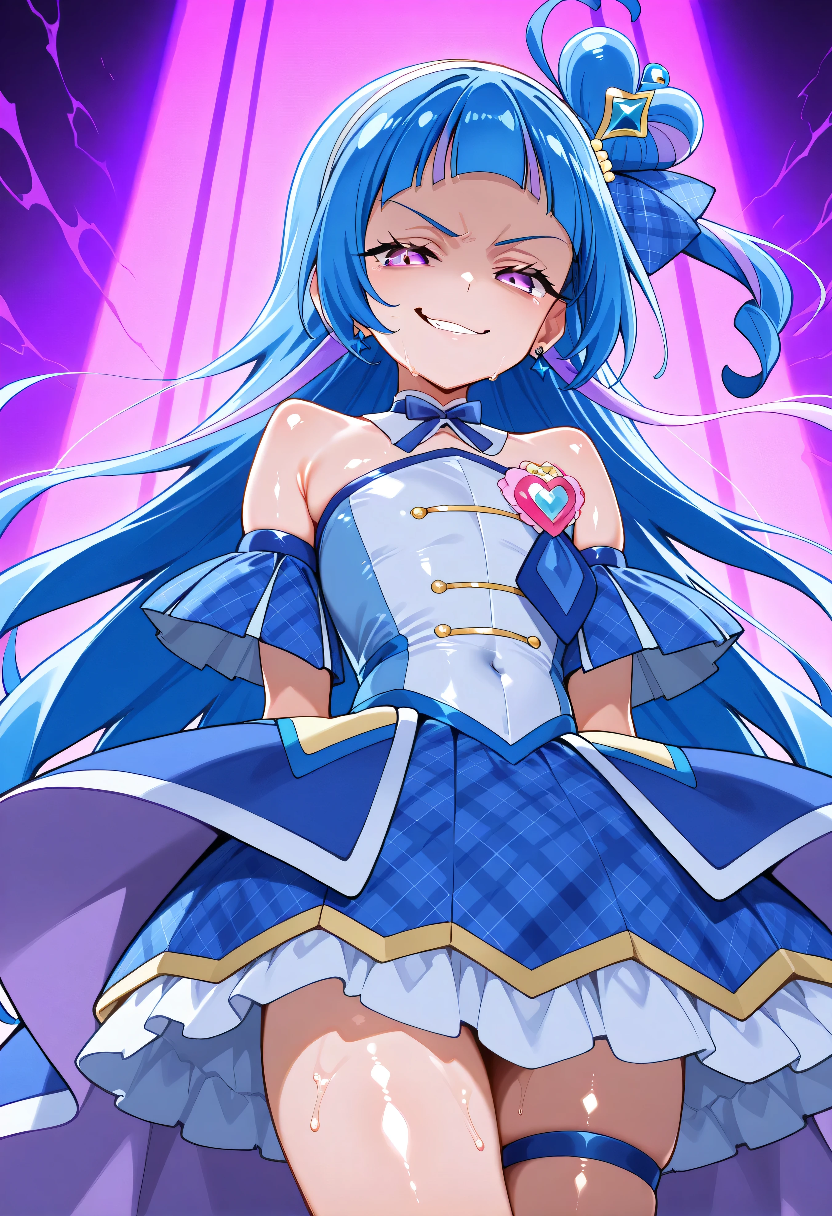 、 Look Down、from below、 break、Cure Wink、cure winks 、Idol Kimi and Idol Pretty Cure Blue Hair、Magical Girl、 mini crowns、purple eyes, blue dress ,slanted hat,very long hair,Dull bangs,bare shoulder,headband,,,nsfw,(evil smirk:1.5),lewd,最高品質,非常に詳細な画像,シングル,1人の少女(shiny skin:1.5),