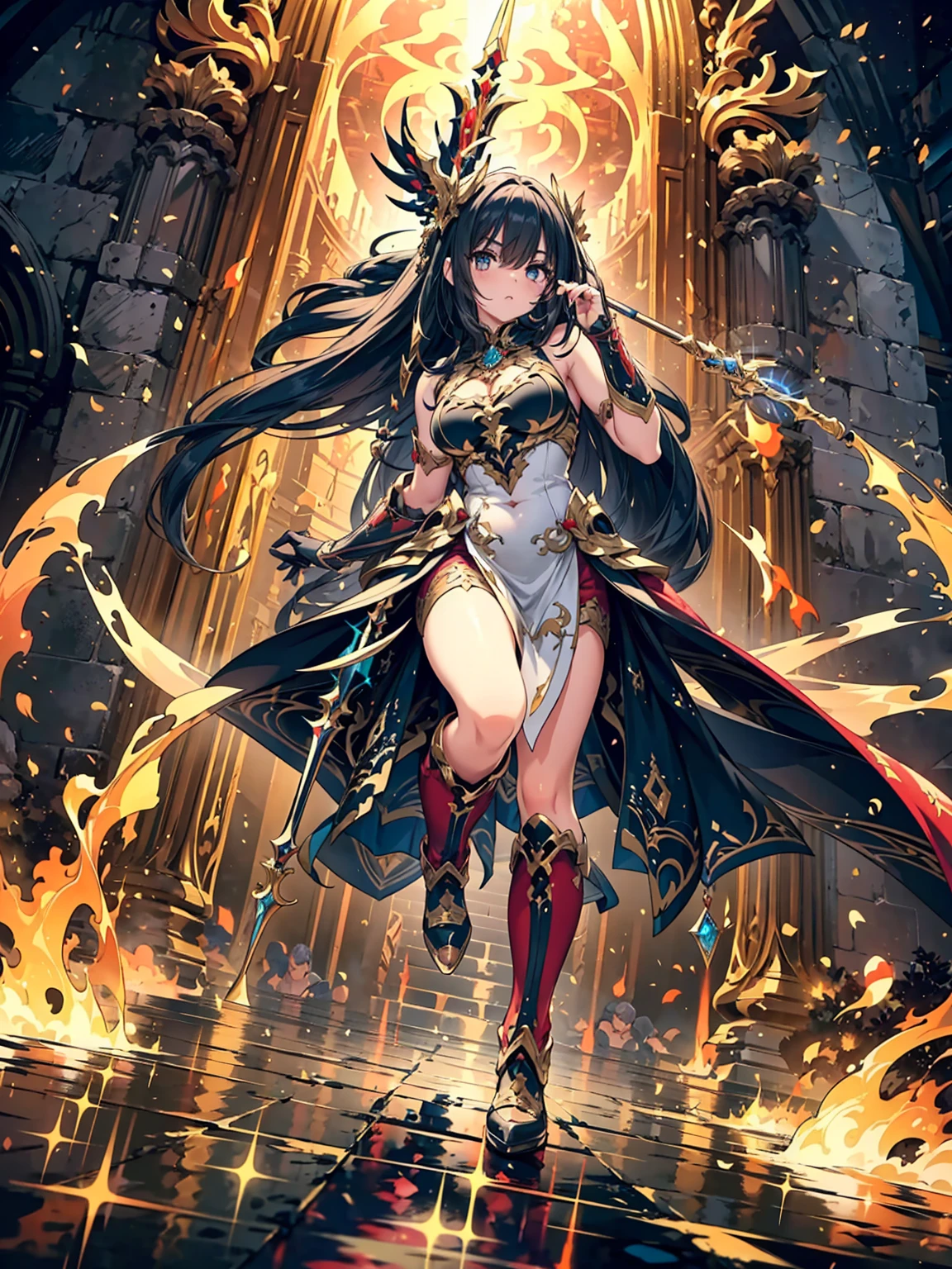 1girl,(((Highest quality、Masterpiece、Official Art、Super detailed、The best dynamic composition、Perfect Anatomy)))、Anime Style、Incarnation of Fire、Girl on Fire、He is accompanied by a fire dragon.、Fractal art of flames、Award-winning works、Holding a fireball in his hand、Serious face、Combat Ready、Cool pose、blow up from below🔥、Gray Hair、