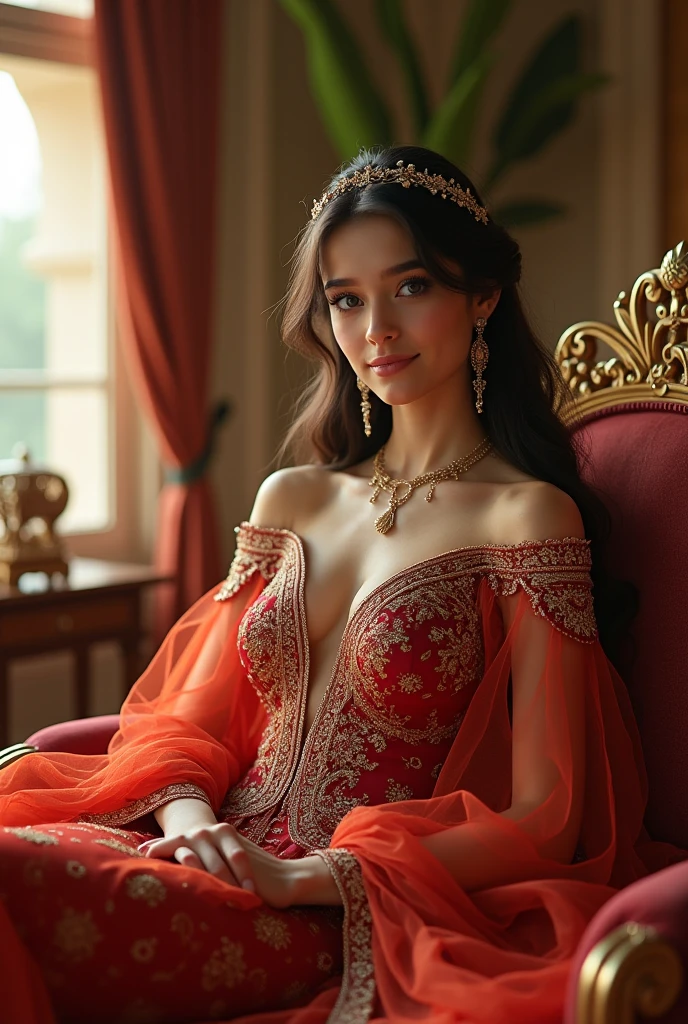 Best quality,masterpiece,ultra-detailed high res,(photorealistic:1.4),raw photo,,illustration, (cowboy shot:1.2),(Dark hair), Hero suit,Strapless,(red eyeliner:1.2),(large breasts:1.4), (v-neck:1.5), (Beautiful proportions necklace:1.4), (Dressed as a female hero), light lace armour, (beautiful eyes :1.4), looking at viewer, earrings, dynamic angle,Opera House,messy_long_hair,ink,cinematic lighting,lens_flare, Velvet, chrysanthemum,Tassel,Ribbon,color embroidery, white gold red,