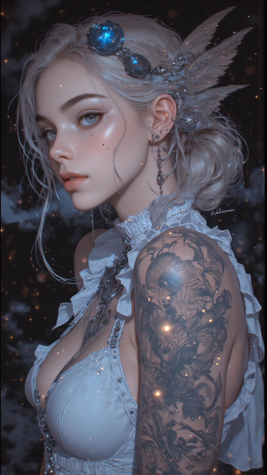 A twenty-sonething Norwegian woman, pale skin, chest-length silky raven hair, blue-purple eyes, full lips, an hourglass body, and a forearm tattoo of a full moon with two crescent moon on either sides. Wearing a white tank top and denim shorts.