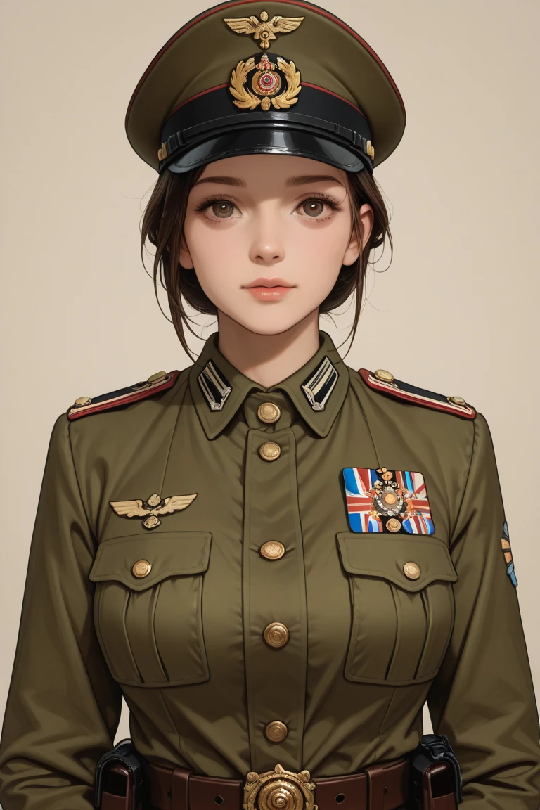 Modest outfit, remote shot, detailed beautiful delicate face, detailed beautiful delicate eyes, perfect facial proportions, high-definition skin, fine skin, four-inch best ratio. With one thumb, a masterpiece, highly detailed, realistic, (World War II German general uniform reference : 1.8), the highest face resolution, adult, modestly dressed woman, dressed entirely, ( small, black hair, black straight bangs, super fine braids, straight bangs, red glasses, dark green eyes), future, science fiction, fighter plane, standing On the landing of a fighter plane, the government agency, a deep intelligent personality, a calm expression, a respectful face, a war, a fighter plane