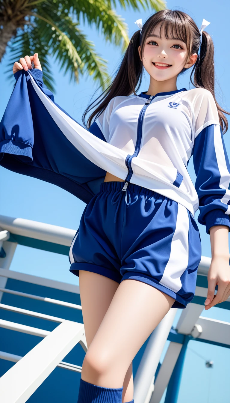 (8K) Cute Japan woman, 20s, Japan sister, double, beautiful eyes, beautiful skin, (fashionable sports clothes) healthy body, slender body, abs: 1,2, full body figure, Japan person with good style, beautiful legs, (jogging alone in the park)