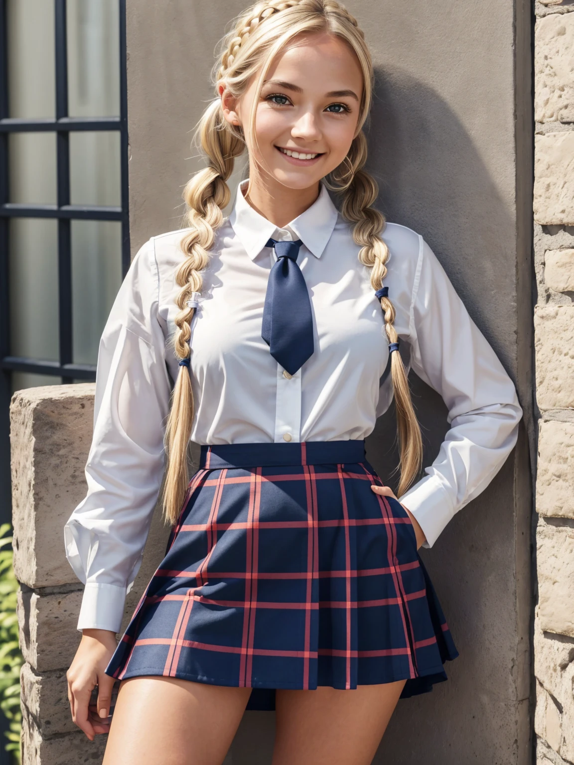 zendaya, cosplay, masterpiece, best quality, highres, kitagawa marin, 1girl, blonde hair, realistic hair, long hair, multicolored hair, red eyes, jewelry, earrings, piercing, school uniform, white shirt, tied shirt, black choker, blue necktie, plaid skirt, grin, smile, standing, cowboy shot, outdoors,