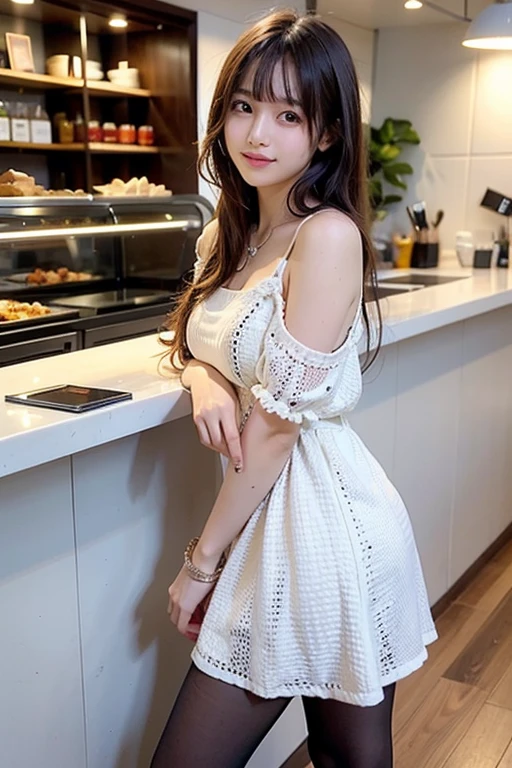 (Best-quality, Masterpiece, Ultra-High-Resolution, (Photorealistic:1.4), Raw Photo, depth of field, professional lighting, perfect anatomy, extremely details), 1girl, 15-years-old, the most famous Japanese idol, ((extremely cute face like the most popular Japanese idol, ((extremely cute and extremely big black-eyes)), extremely beautiful black-hair), (((extremely realistic and extremely beautiful skins))), extremely cute long-eyelashes, extremely cute lips), extremely childish body, ((innocent smile, dynamic pose)), (wearing white long summer-dress with cute-design), (((at cafeteria, detailed white-long-summer-dress-with-cute-design, detailed cafeteria, (detailed cafeteria))))