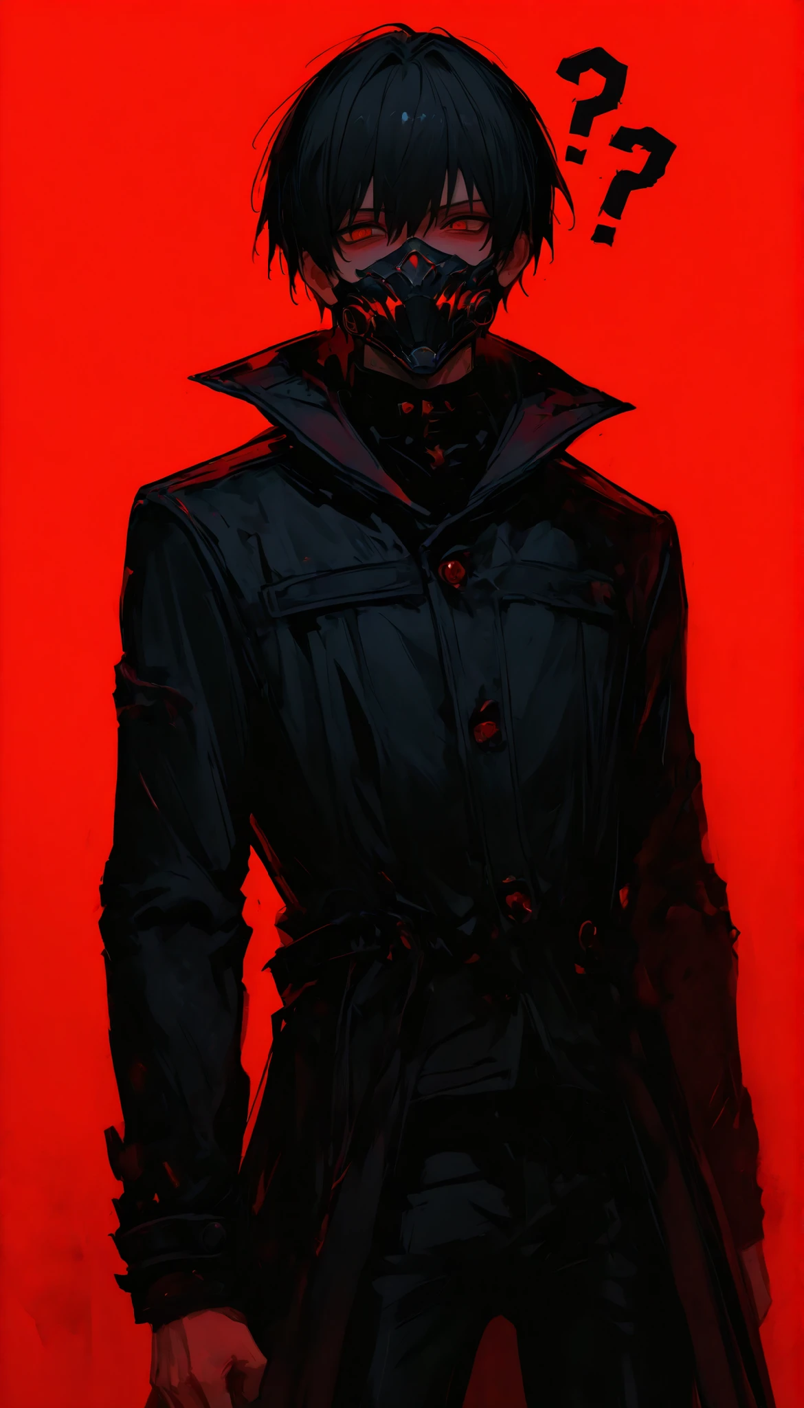 man,ผมสีดำ,in red eyes, black hair,slim,Black Coat,serious face, black pants ,Mask Red,short hair,Black mask,Confused,