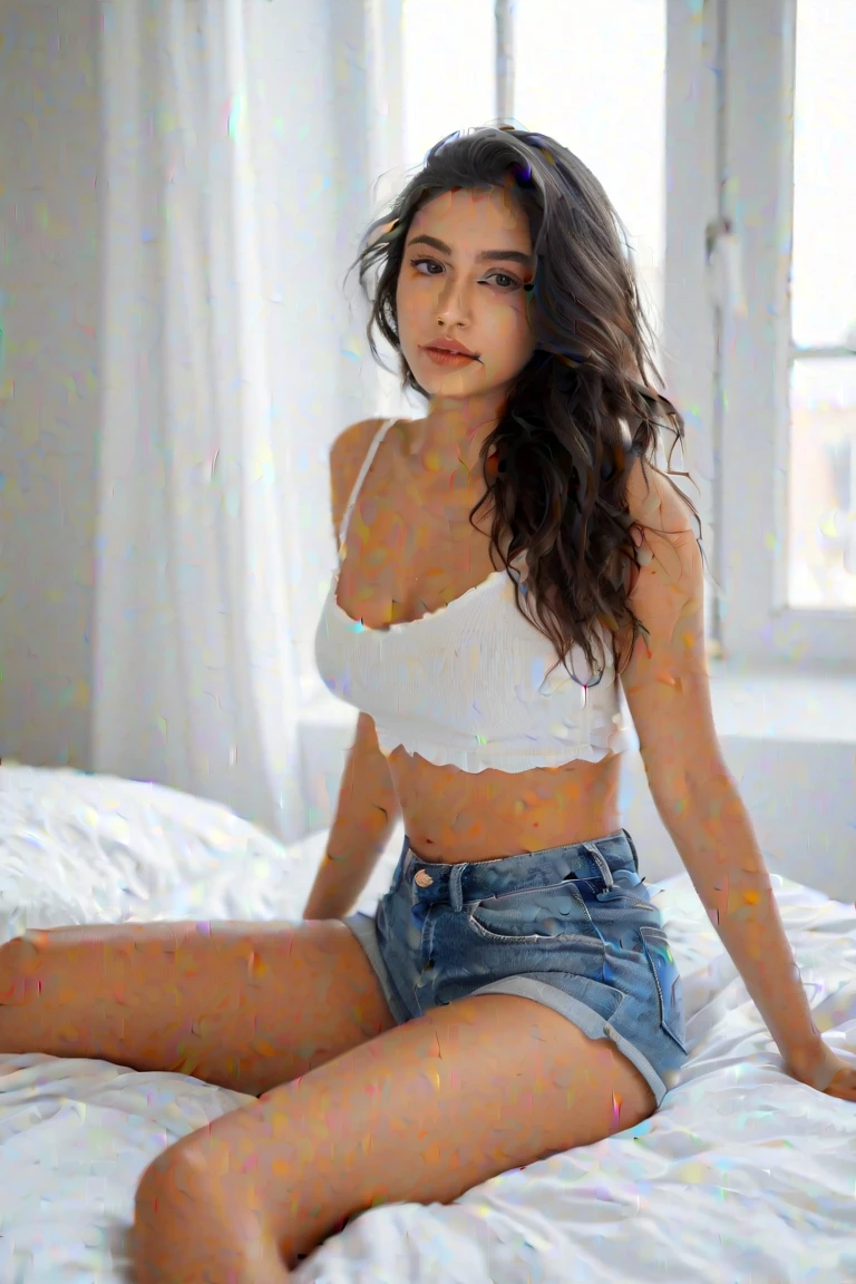 araffed woman in white shirt and blue shorts sitting on a couch, very seductive pose, elegant seducing pose, very sexy pose, seductive reclining pose, seductive pose, seductive seated pose, elegant seductive pose, sexy pose, sexy :8, modeling shoot, sexy girl, in white clothes, stunning elegant pose, sexy girl with dark complexion, attractive pose