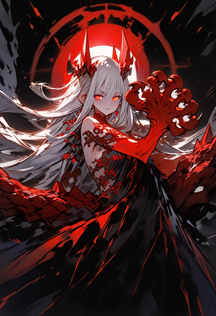 A demon woman with long white hair; got small red demon horns and tail.