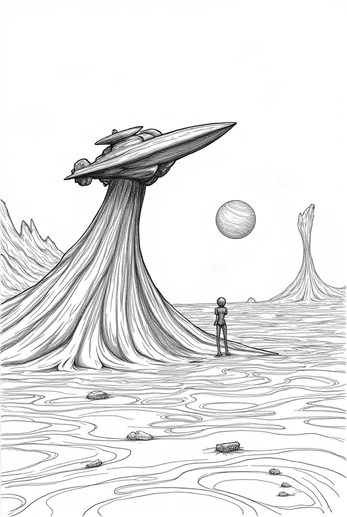 a drawing of a nude woman looking over a rock at a spaceship in the distance, two small figures, astronauts on the ground next to the ship, alien landscape, three planetoids in the sky. published concept art, concept piece, by Pete Morhbacher, inspired by Patrick Woodroffe, inspired by Franklin Booth, retrofuturistic science fantasy, inspired by Rodney Matthews, published art, in style of moebius, inspired by Grzegorz Domaradzki