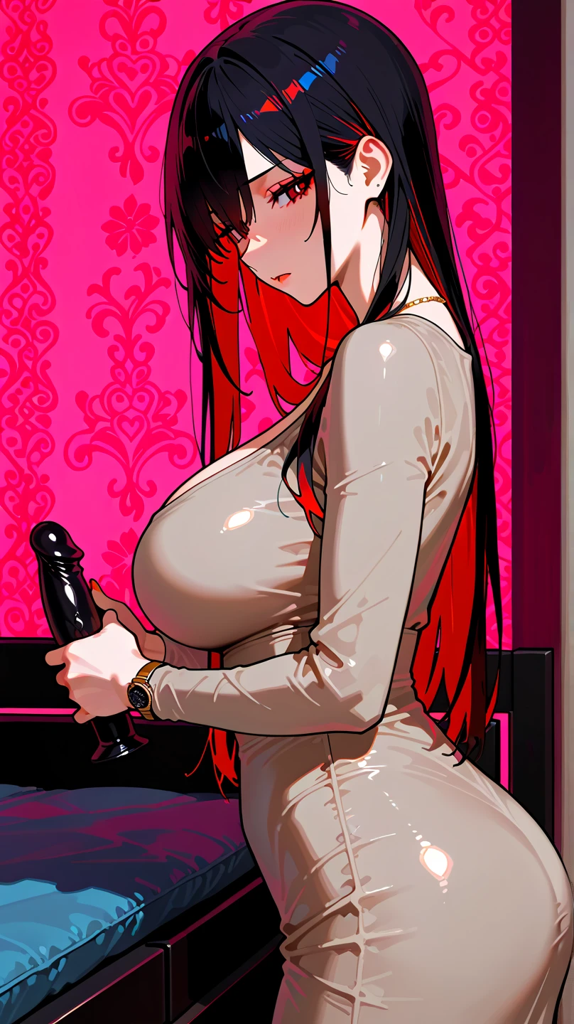 Erza Scarlet, red hair, long hair, huge breasts, looking at viewer, seductive smile, biting lip, naked, (huge cock 1.5), futanari, (huge balls 1.5), penis piercing, ladder piercing, pierced nipples, stroking cock, cumshot, hand grabbing breast, masturbation