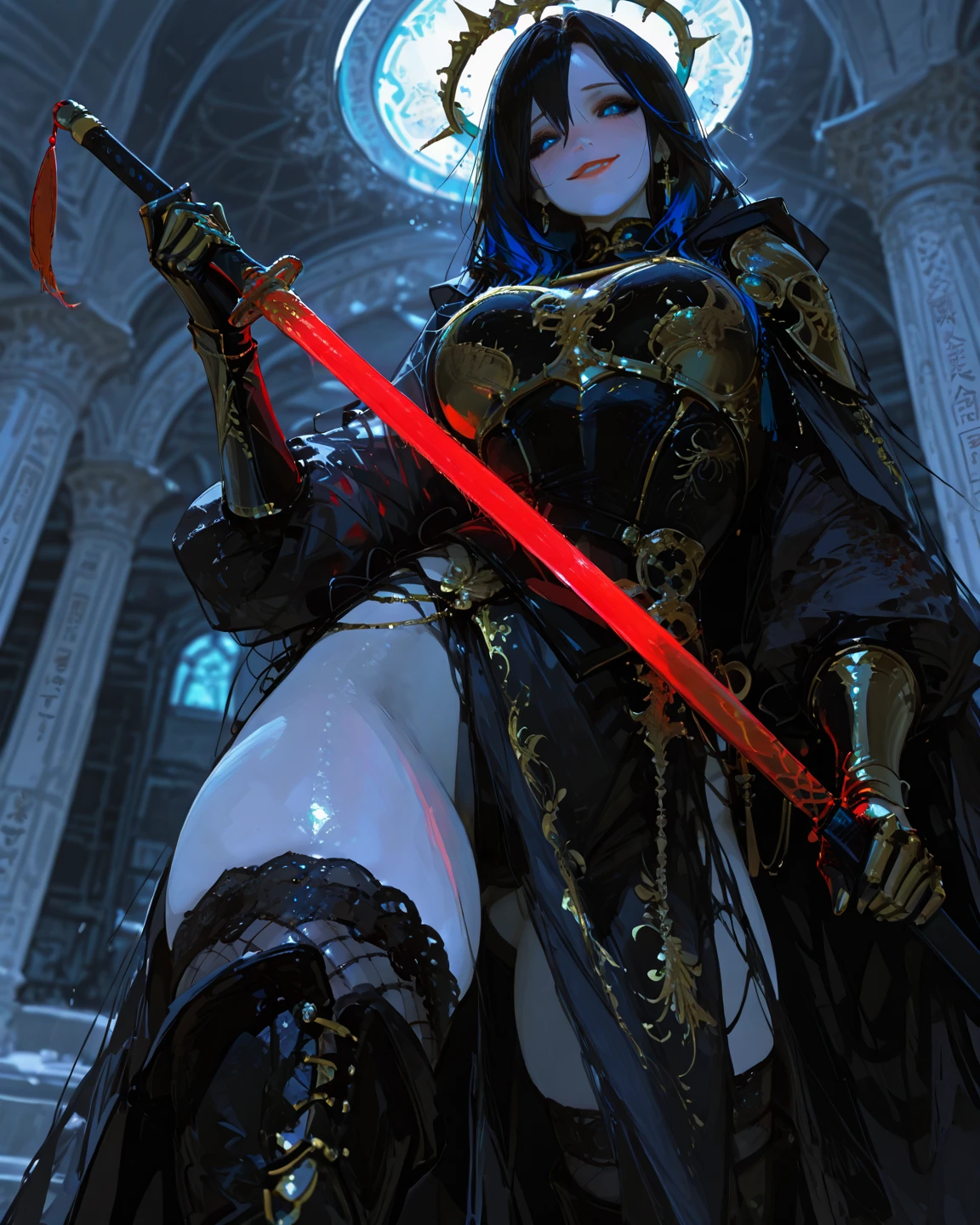 ((one-eyed blindfold)), holy paladin, scythe, dark Heavy armor, absurdres, RAW photo, extremely delicate and beautiful, masterpiece, Best Quality, ultra high resolution, 32k, hyperrealistic, ultra-detailed, detailed description, pale skin, 20 years old, tearful mole, earring, Colossal tits, short medium hair, wavy hair, evil grin, full body shot,