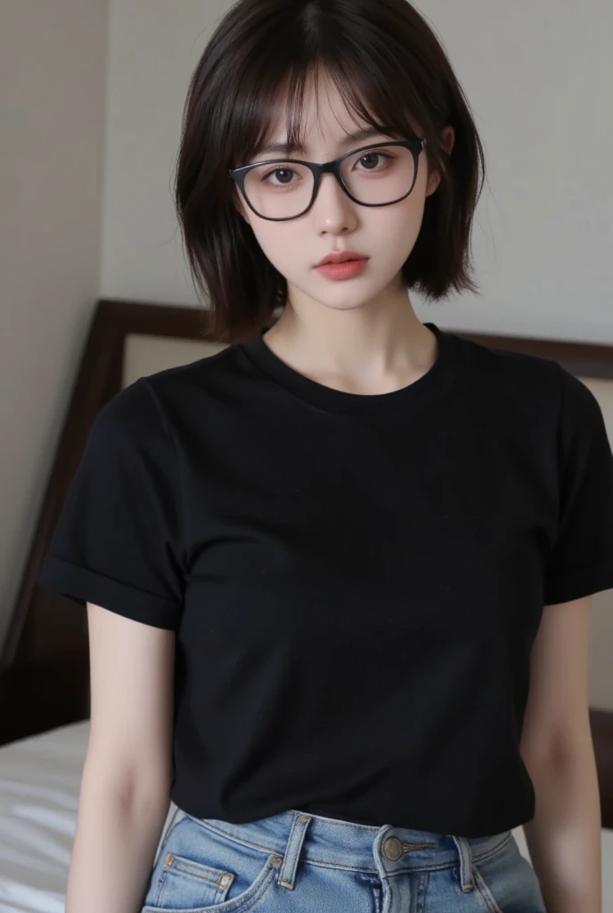 wearing glasses、Punk girl in dark shirt, Blurred green grass and trees in background, Brown short hair, Delicate face, high quality, high resolution