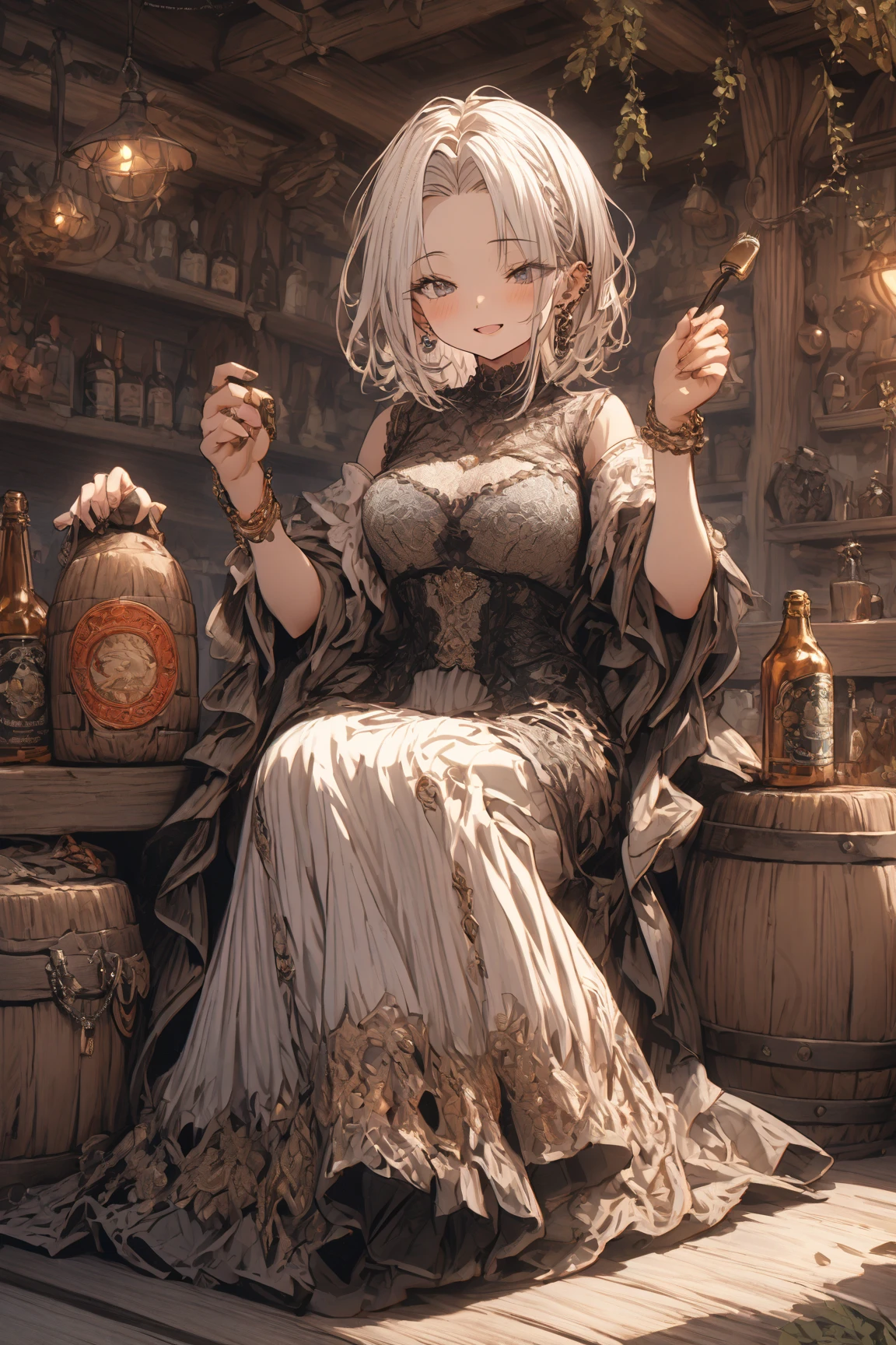 whole body, a beautiful witch in her alchemist room, working on her project with a steaming cauldron filled with green glowing smoke, against the backdrop of a fantasy night with a full moon and a view from the window, dressed in a traditional witch outfit, absurdres, RAW photo, extremely delicate and beautiful, masterpiece, Best Quality, ultra high resolution, 32k, hyperrealistic, ultra-detailed, detailed description, pale skin, 20 years old, detailed beautiful face and eyes, tearful mole, earring, Colossal tits, short medium hair, wavy hair,