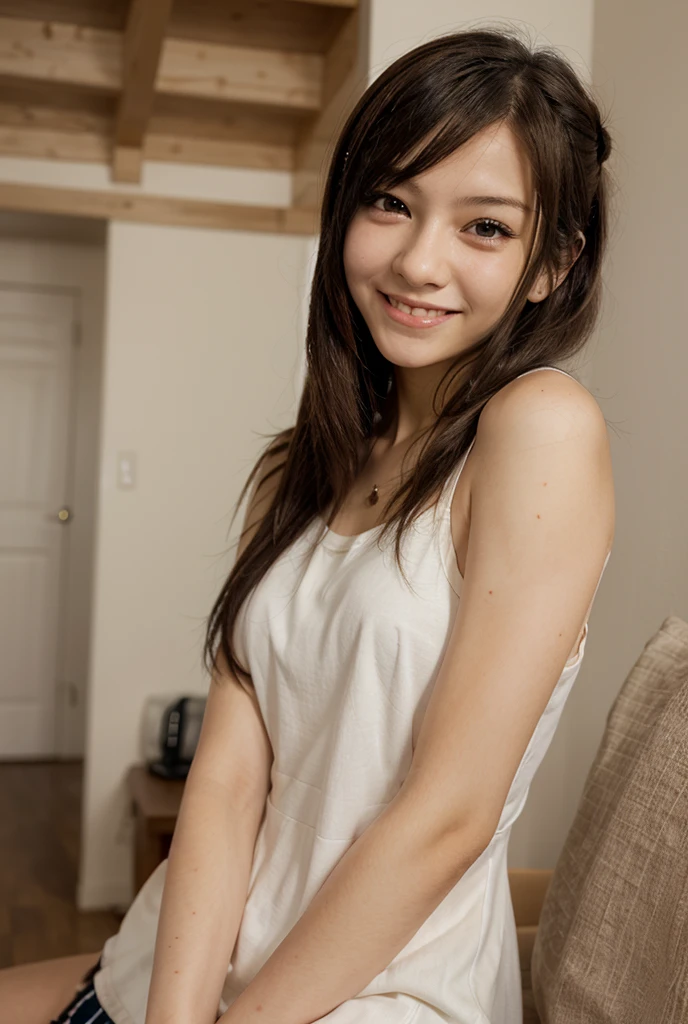 Beautiful 12 year old Japanese female gymnast), cute face, (deeply carved face:0.7), (freckles:0.6), dramatic lighting, shy, (smile), (sparkling eyes), thin, average platform, Comaneci