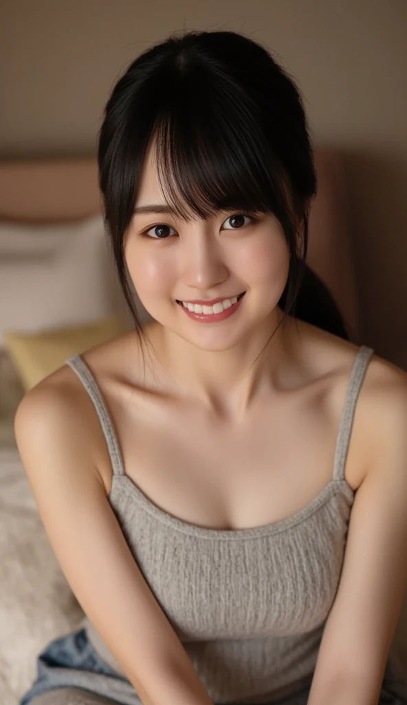 highest quality, masterpiece, Ultra-high resolution, realistic:1.3, solo:1.3, ((Clear Face)), upper body, from front, leaning forward, (glowing skin), (looking at camera:1.3), (white tank top, black leather leggings), standing in room, (medium chest:1.3), long hair, smile, soft brightness
