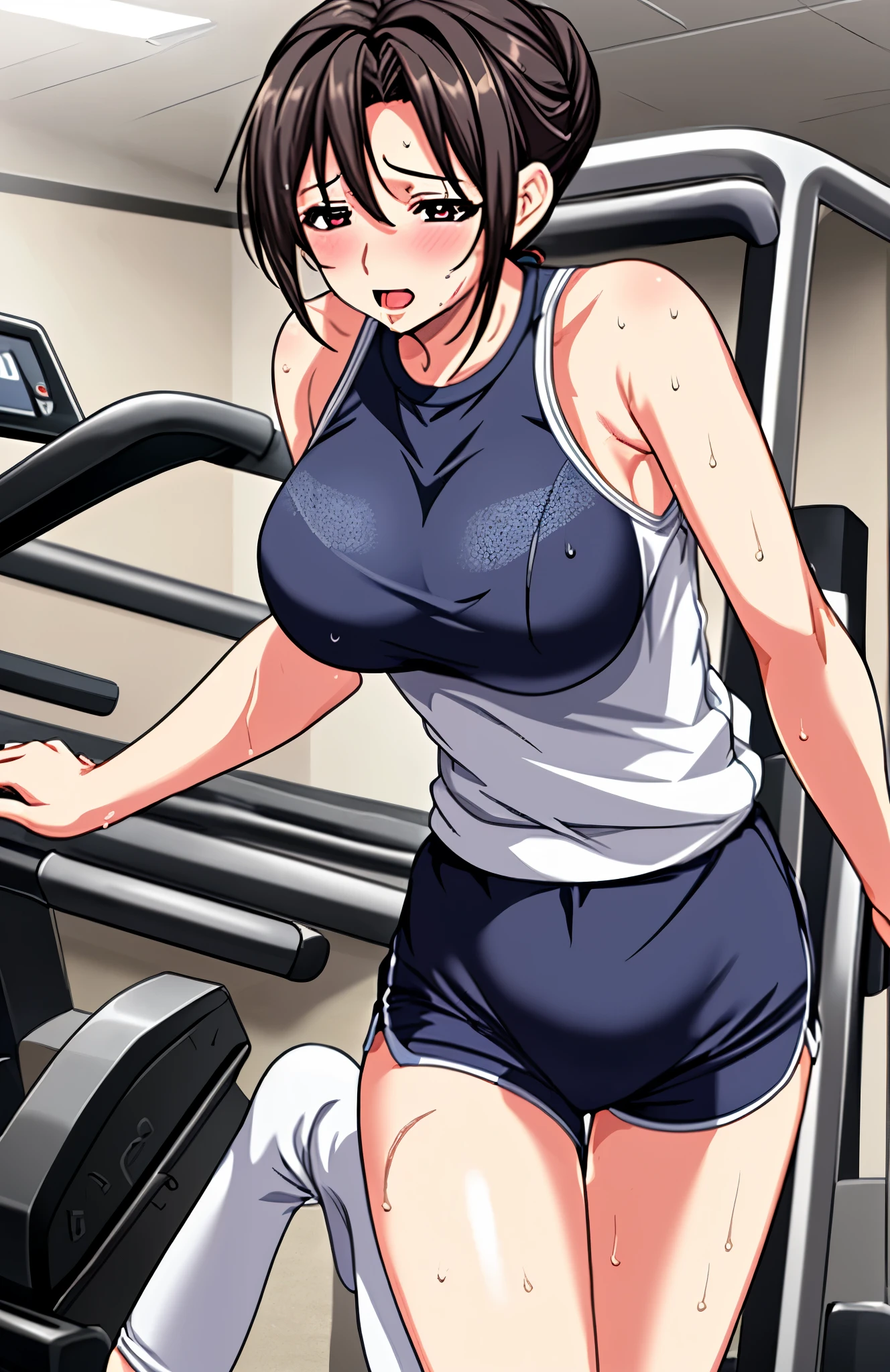 adult woman, in the gym, wearing leotard thong, Bermuda, muscular, high, aerobics instructor, 80s, rubio, busty, neckline