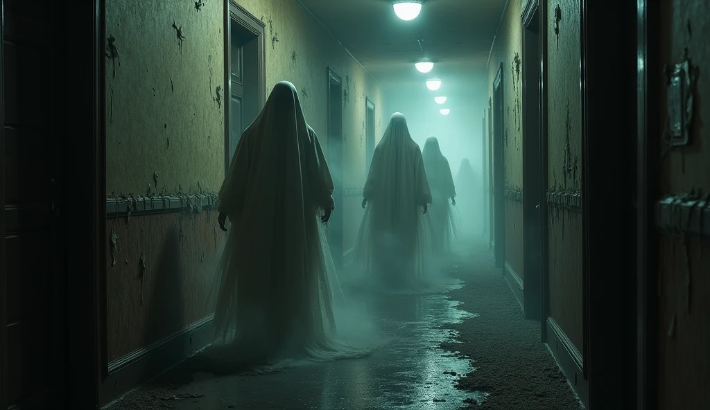 An abandoned asylum with broken windows and overgrown vegetation. Inside, the corridors are dark and filled with the eerie remnants of old medical equipment. Ghostly apparitions can be seen lurking in the shadows."