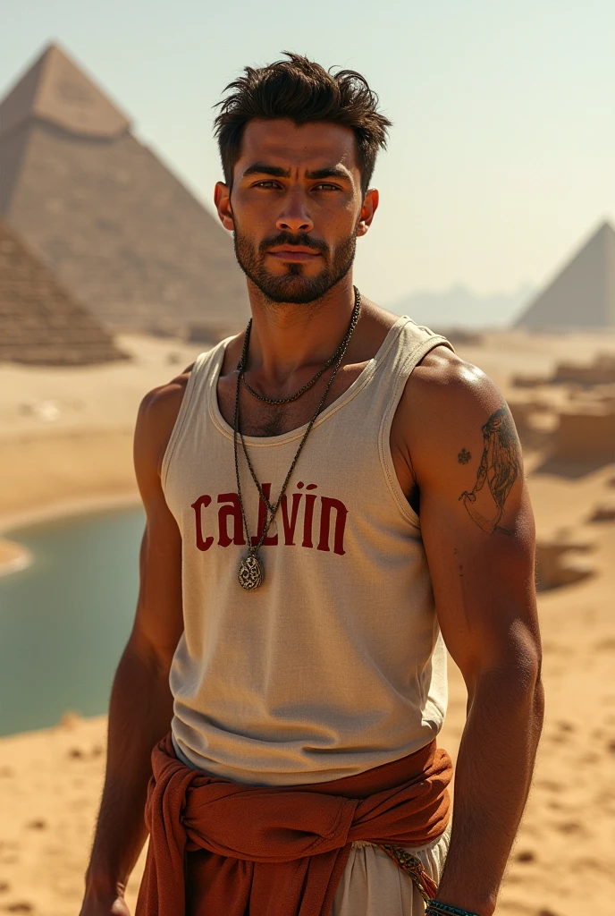 Leonardo DiCaprio as Indiana Jones, naked torso, Archaeological Explorer's Shorts, hat, Whip, in Egypt, pyramids, SET, Realistic,