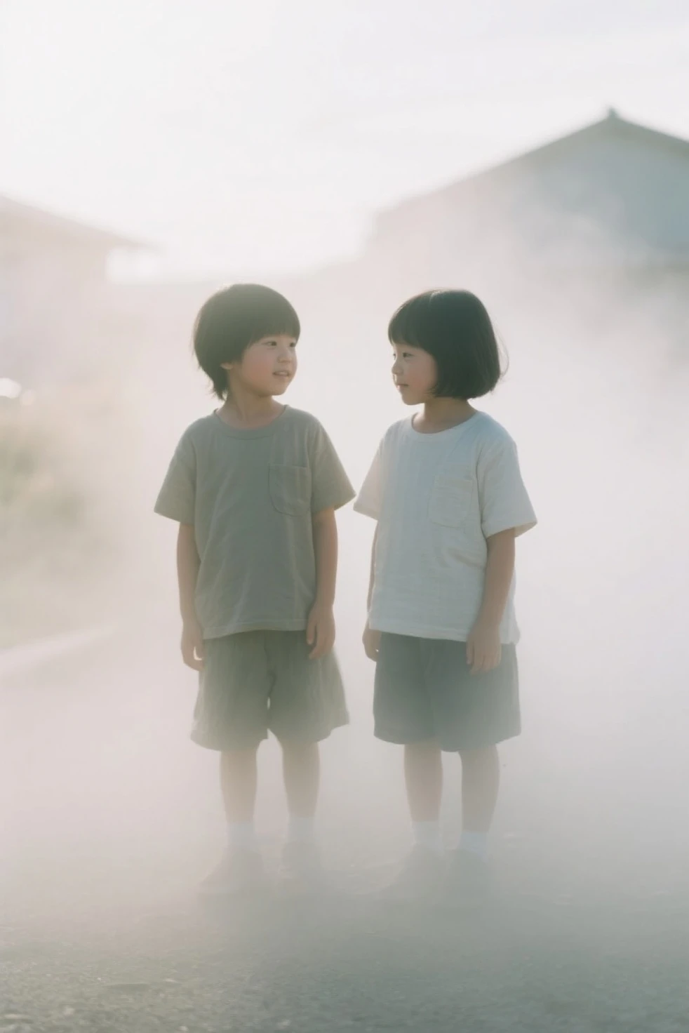 Front side lights, Korean three-year-old cute little boy with big eyes, Wearing a white T-shirt, blue shorts, Dark blue bucket hat, White socks and cloth shoes, Taiwan train station as background