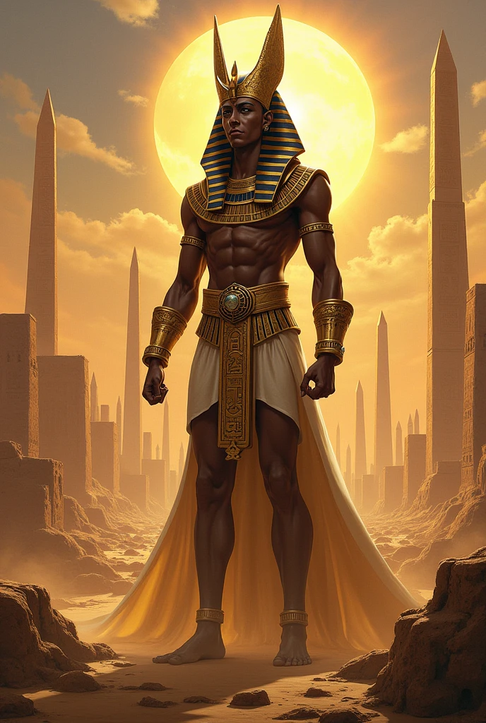 scene with Anubis the Egyptian God of death standing on the desert sands with the sun setting on the horizon. Anubis the Egyptian god of death has the head of a jackal and the body of a human. he has to be wearing egyptian clothes. there should be a light mist near the feet.