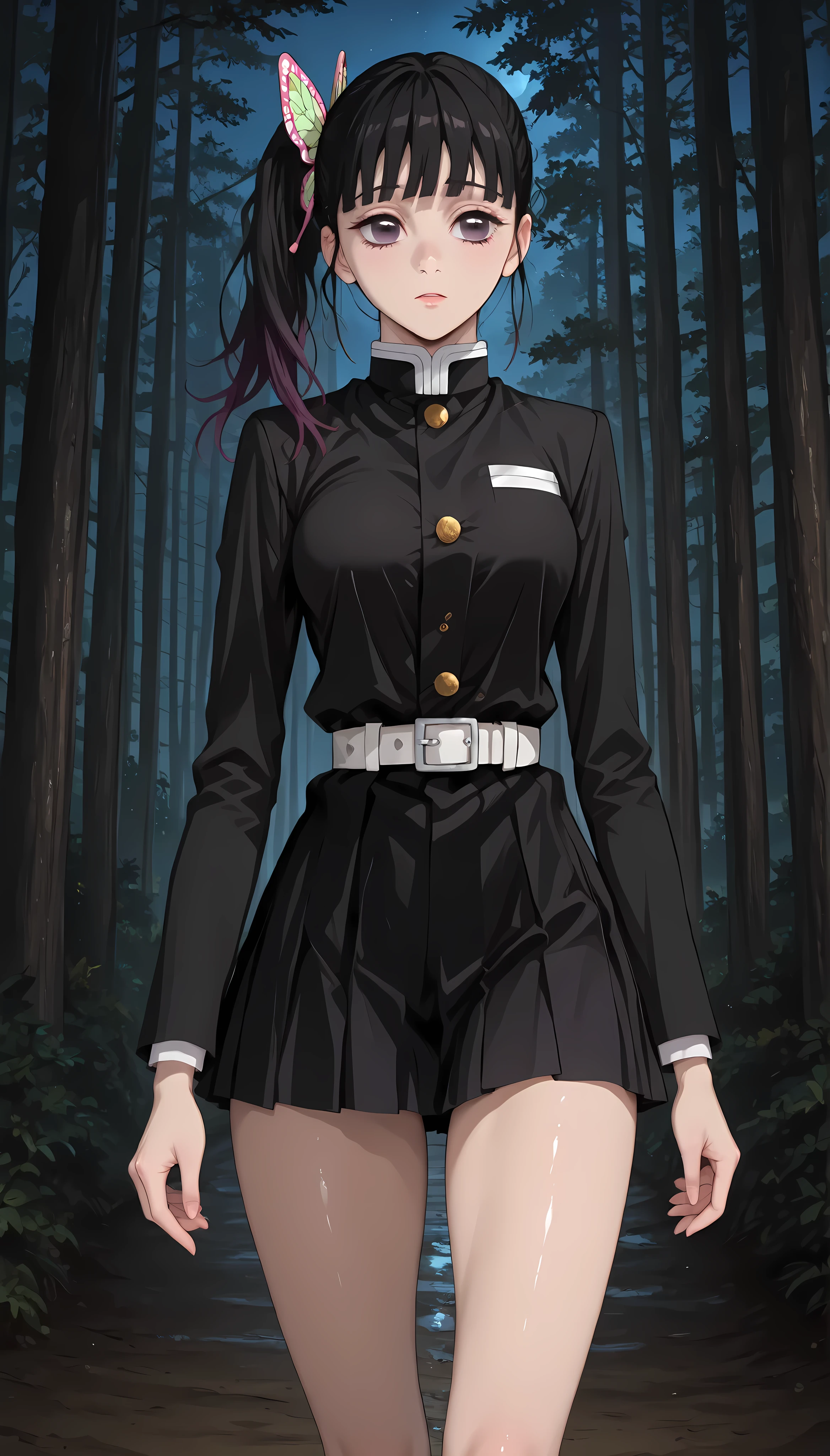 (masterpiece,best quality:1.2,amazing quality,very aesthetic,absurdres,newest),kimetsu_no_yaiba_style,tsuyuri kanao,1woman,(very small head:1.2),(ideal ratio body proportions:1.2),medium breasts,(slender body:1.3,skinny:1.2),side ponytail,(black uniform),white belt,black miniskirt,shiny skin,standing,walking,Forest,night,taishou,