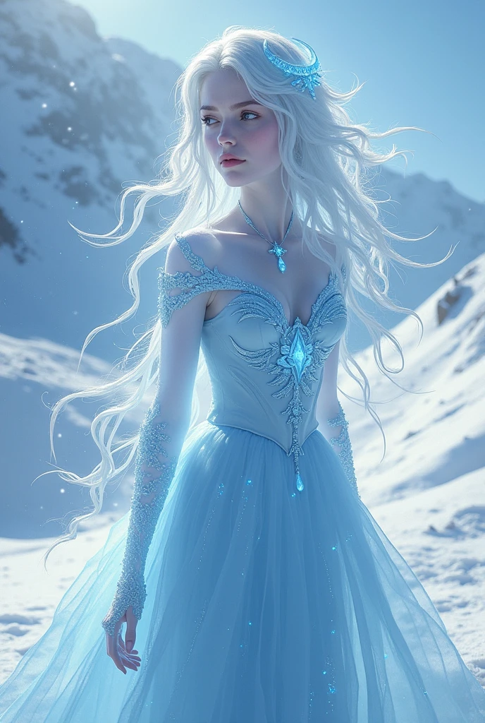 The Snow Queen,Ice Blue Skirt,Little Queen'with Corona,long light hair,blue eyes, like the sky,anger,Background: icy steps of the palace,Unleash the Magic of the Blizzard,Extremely high resolution,full length portrait,upper body,Close-up