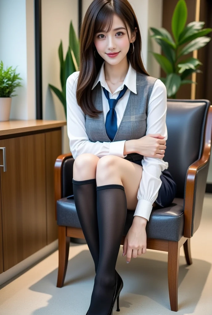 best qualtiy, Full body like,refined face,pretty face,young female,Slimfigure,Bigger breasts,Office Lady Uniform,Office clothes,Black Lance stockings,sitting pose