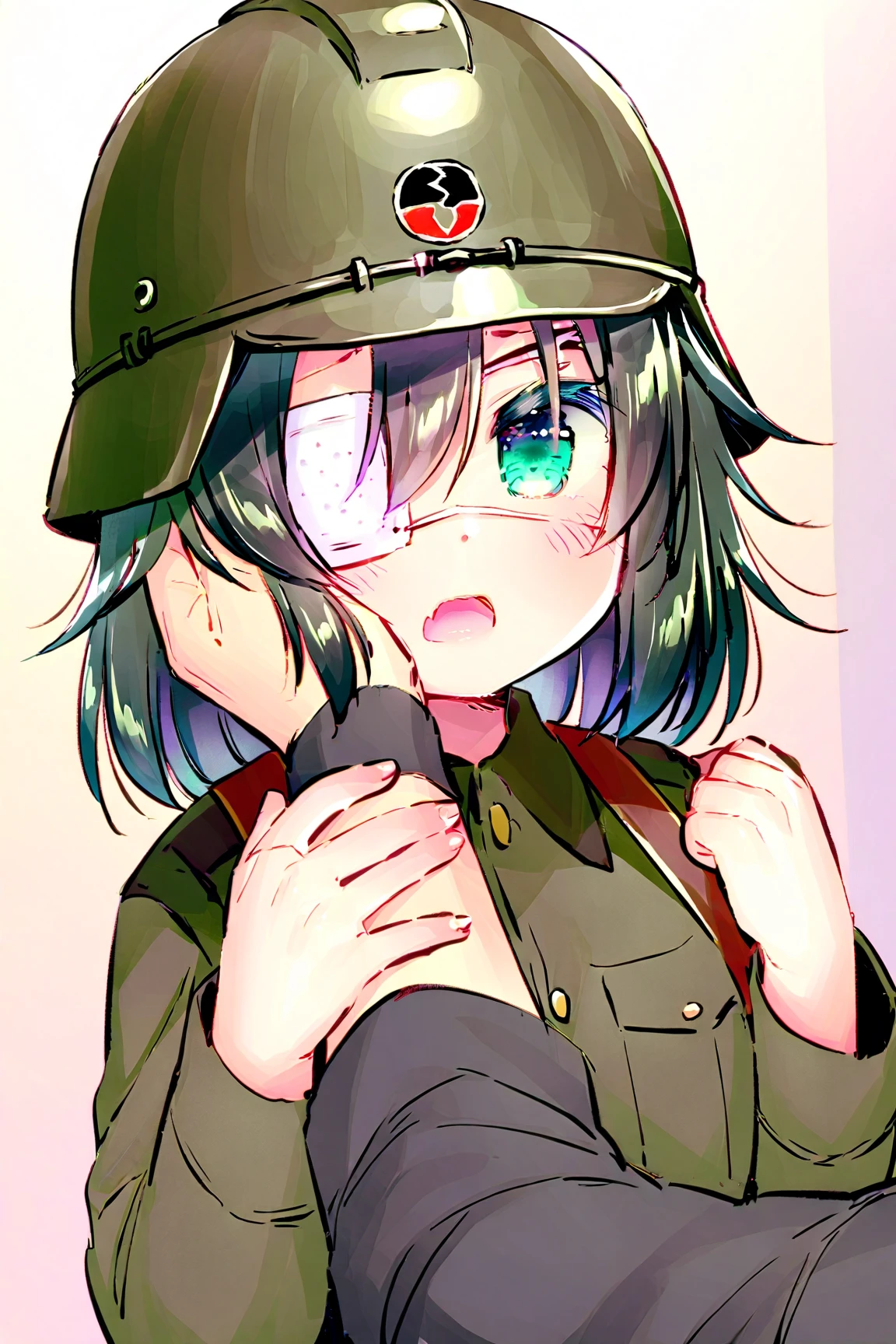 [[[[[1 female]]]]] Close up, only upper body visible, portrait, 1 female, janitor concept, janitor clothes, green clothes, jumpsuit, plain clothes, hat, wearing a baseball hat, looking bored, Holding a mop on the floor, Blood on clothes, A situation where a corpse is being removed