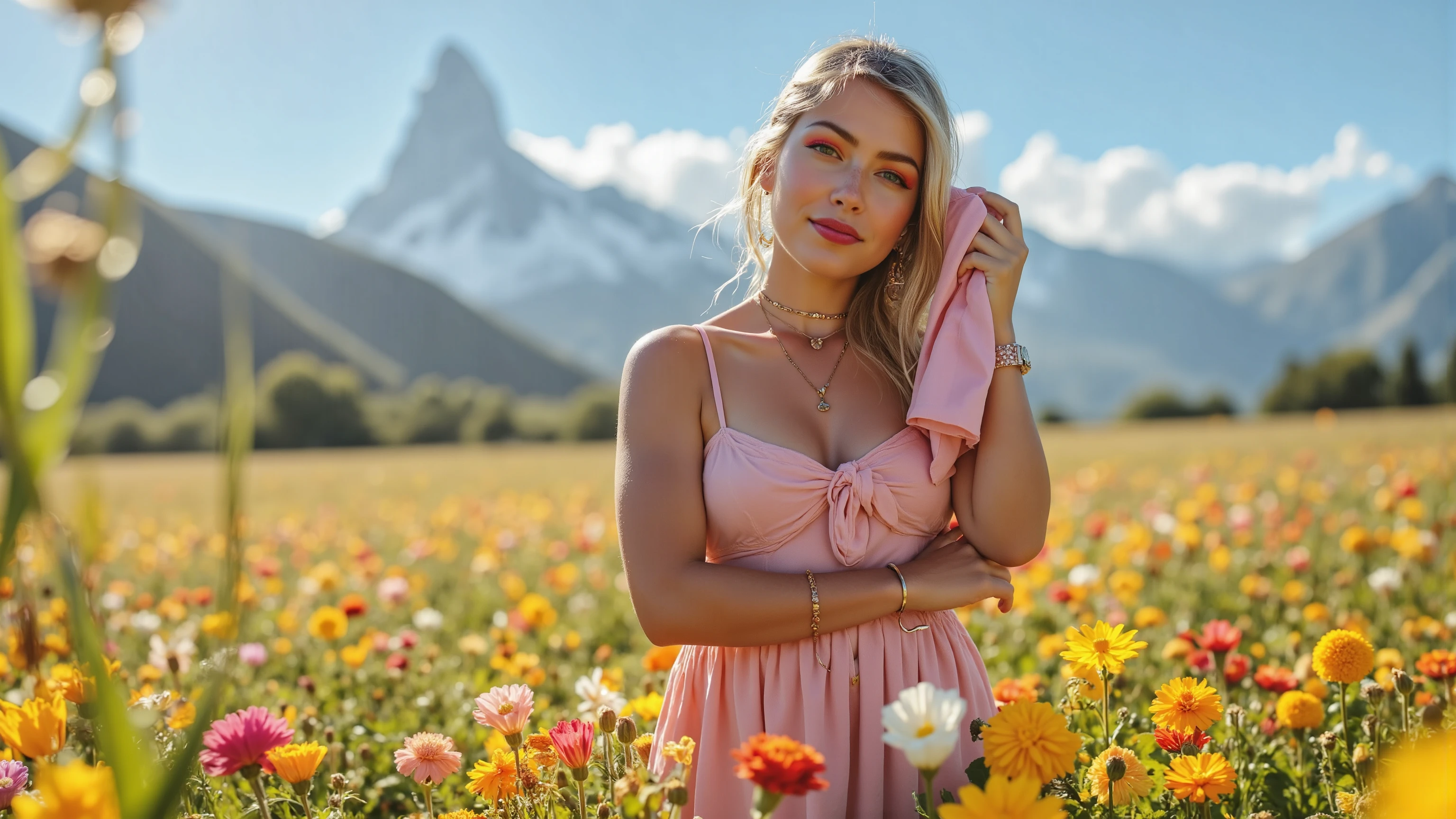 Vista, Panorama, Perspective, Depth of Field, Bust, Upper Body, Cinematic Angle, Masterpiece, Best Quality, Ultra Detailed, CG, 8K Wallpaper, Beautiful Face, Delicate Eyes, A Maiden, Solo, Smile, Silver Hair, Golden Eyes, Fair Skin, Hair Strands, Red Scarf, White Evening Dress, Rose Field, Red Flowers, Roses, Flower Field, Petals, Flying Petals, Smiling