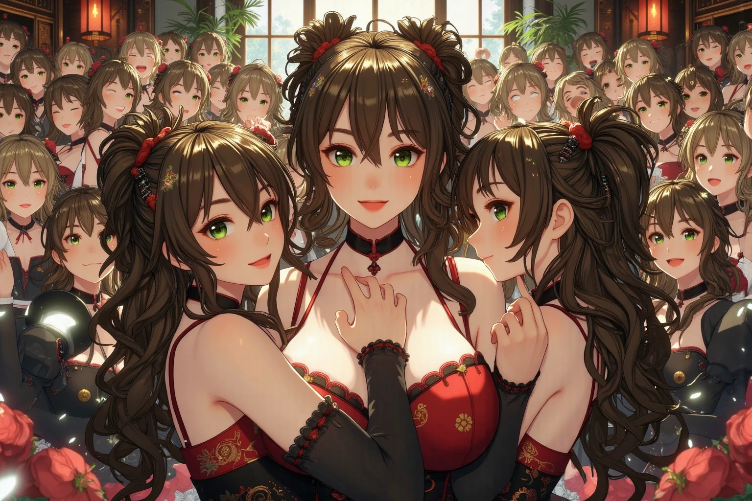 three sexy women who are wives of boy, looking at camera, closed eyes, happy opened mouths, portrait, various hair, dominatrix outfits
