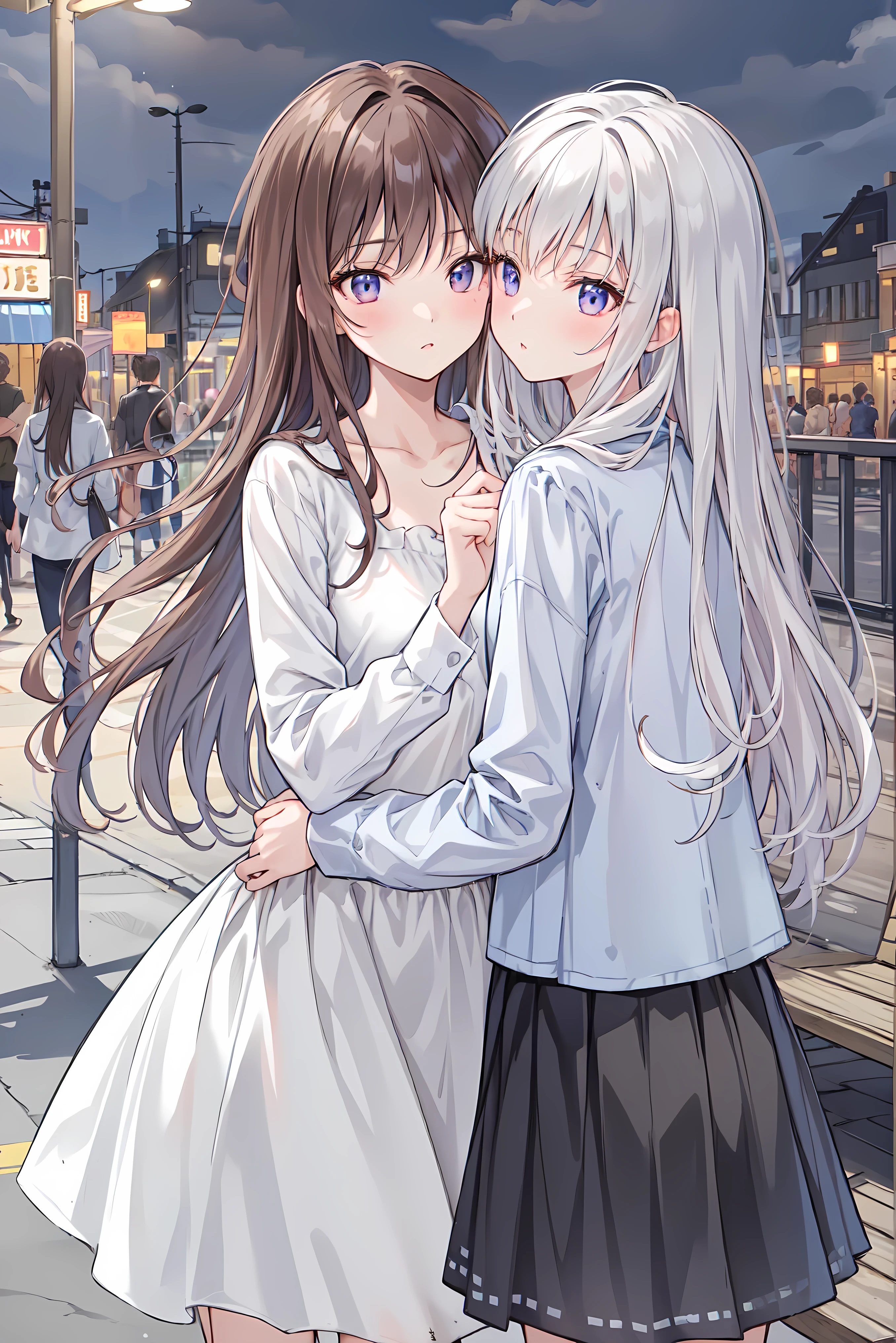 (masterpiece) attention to detail, masterpiece),(HD Images)couple in their 20's, female1名、{{kissu、Romance、 Sparkling atmosphere 、Glossy appearance、 night city ,female( brown medium length hair )close ~ eye、Sweet Sigh、male(Black messy hair、Y shirt, shirt)tightly close your eye、background、The night deepens、 dark, femaleはショックを受けた, maleが壁に向かって彼女に{{To kiss, maleが腰を抱く, And his eye were tightly closed, romantic environment ,((Highest Quality)), (Very Detailed), (HD ImagesCG合成8K壁紙), 高いly detailed, High-definition raw color pictures, professional photography, (((Bokeh))), Drawing Boundary Depth, Bust