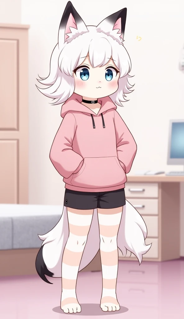 Nervous smiling, uploaded the e621, beautiful and detailed, man (((male))) ((anthro)) Cat, (Cat boy), by bunnybits, cinematic lighting, Cat, (anthro, fluffy fur, character focus:1.1), 1boy, anthro cat boy, body fur, gray fur, gray body, gray hair, long hair, curvy, sexy, nice, cute, hot, comfortable anime-style cartoon-style, digital drawing, (half-closed eyes), blue eyes, black t-short, white panties, collar, low-angle view, penis in panties, balls in panties