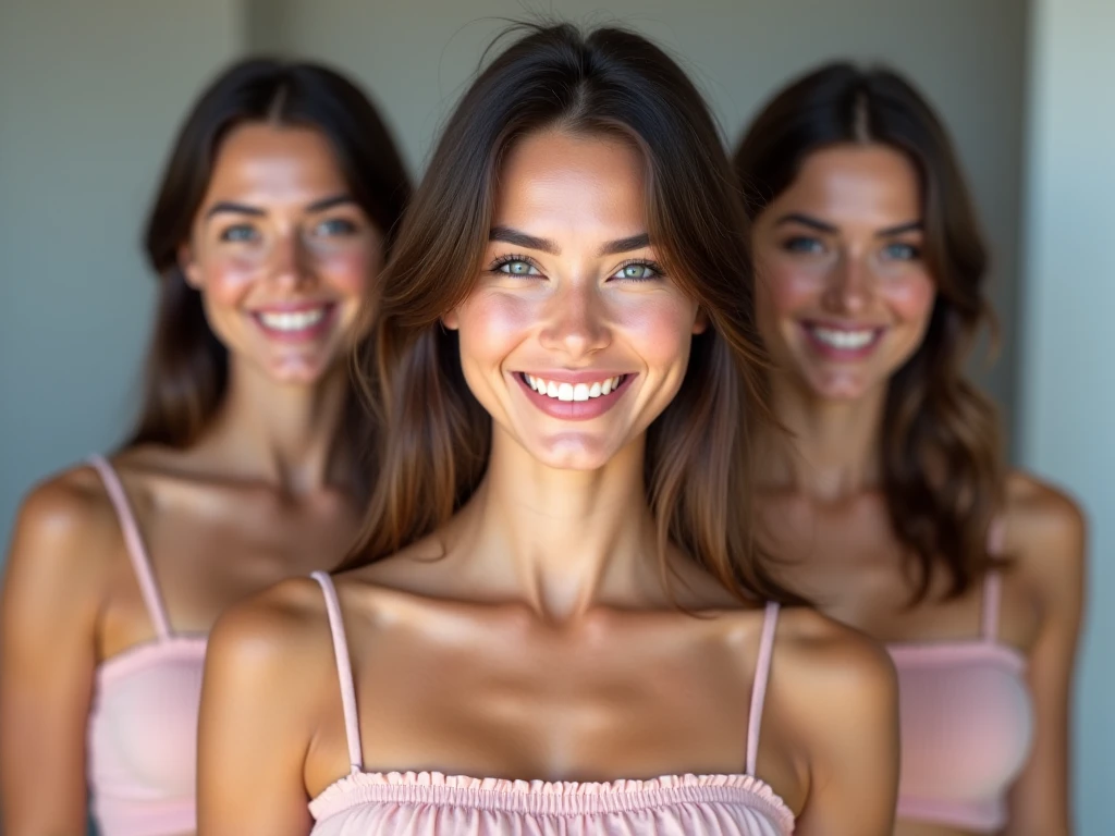 7heads, women, with their heads together, young beautiful, amouranth, 3/4 bust, breasts fully covered and sfw, 7 heads on one body, upper body face shot, chest up bust shot, sfw covered breasts, smiling for the camera, 7 heads, posing, beautiful faces, laughing, gorgeous faces, insane smile, very huge smile,