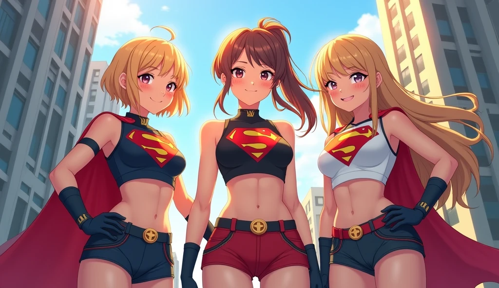 (superflat, flat shading, flat colors:1.1), (bedroom), 3girls, loli, child, flat chest, blonde hair, white t-shirt, (white panties), white overknee socks, smile, blush, standing, selfie, (bottom, from behind), view from below, (low angle), bright sunlight, best shadows, watercolor,