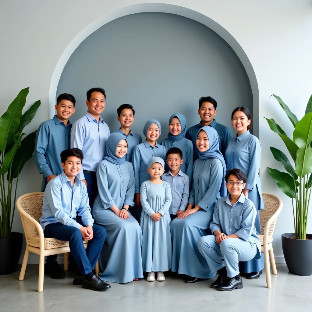 Family photo in Indonesia, four members, a 45-year-old father and mother, a 7-year-old daughter, and a 3-year-old son. They are wearing coordinated blue denim suits and sharia dress, taken in a studio with abstract background, luxurious studio photo with decorative lights and green flower vases, sitting on a sofa, good lighting, realistic, best photography, UHD, 8k